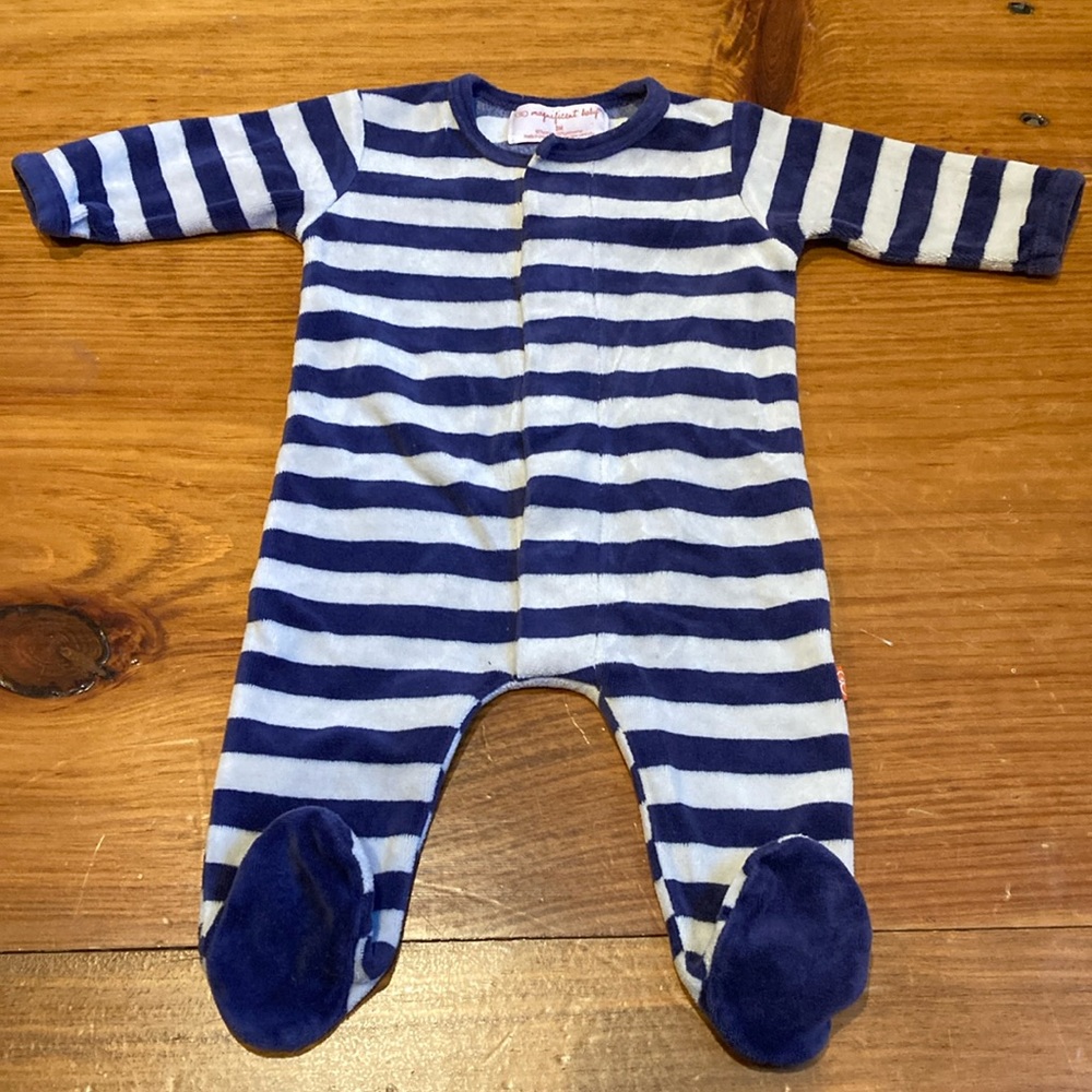 MAGNIFICENT BABY (Magnetic Me) 3M Blue Stripe Velour Footed Romper Footie